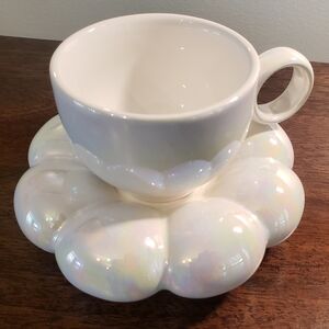 Glossy White Iridescent Cloud Teacup with Saucer Ceramic